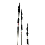 Three silver telescopic metal poles with black foam grips and yellow end fittings, laid out on a white marble-patterned tile floor.
